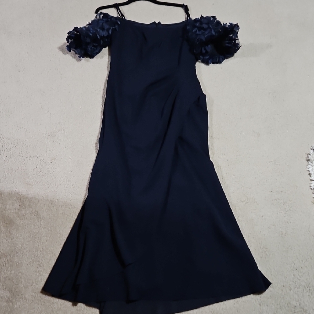 Xscape Navy Asymmetrical Dress with Floral Sleeves